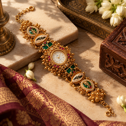 Rajwada Traditional Gold-Tone Bracelet Watch with Green & Red Stone Detailing | Orek Jewellery