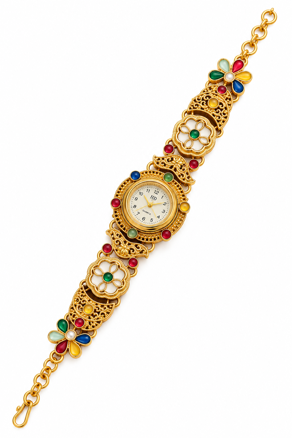 Rangmahal Traditional Gold-Tone Bracelet Watch with Multicolour Floral Details | Orek Jewellery
