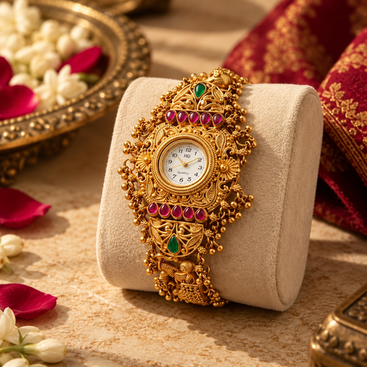 Maharani Traditional Gold Bracelet Watch with Red & Green Stones | Orek Jewellery