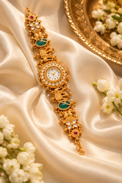 bracelet watch, gold-tone bracelet watch, traditional Indian watch, heritage jewellery, green stone watch, festive accessories, ethnic wear accessories, wedding jewellery, statement watch, Orek Jewellery