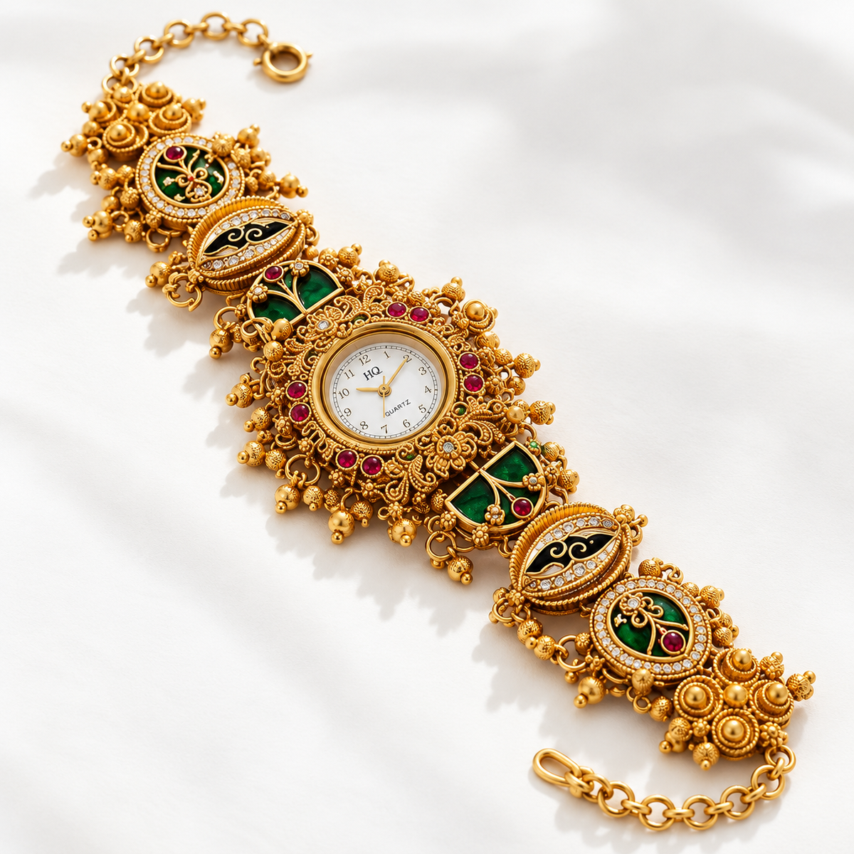 Rajwada bracelet watch, traditional Indian watch, gold-tone bracelet watch, green stone watch, red stone watch, heritage accessories, ethnic wear accessories, festive jewellery, wedding accessories, statement watch, Orek Jewellery