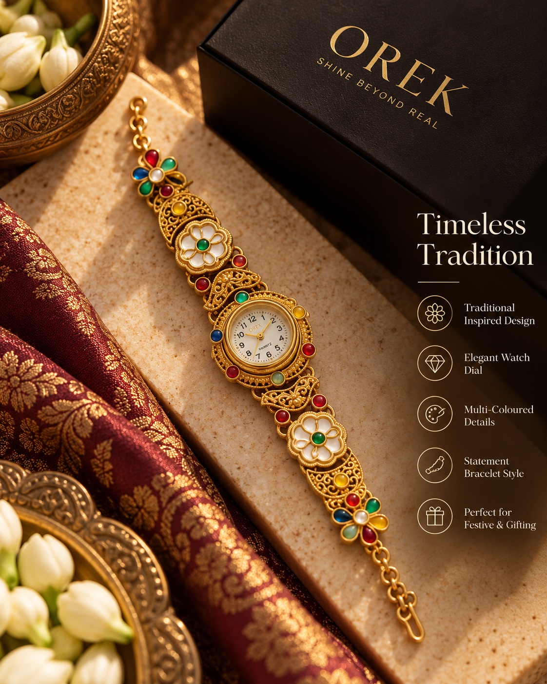 Rangmahal gold-tone traditional bracelet watch featuring a round ivory dial, intricate floral motifs, and multicolour red, green, blue, and white accents.