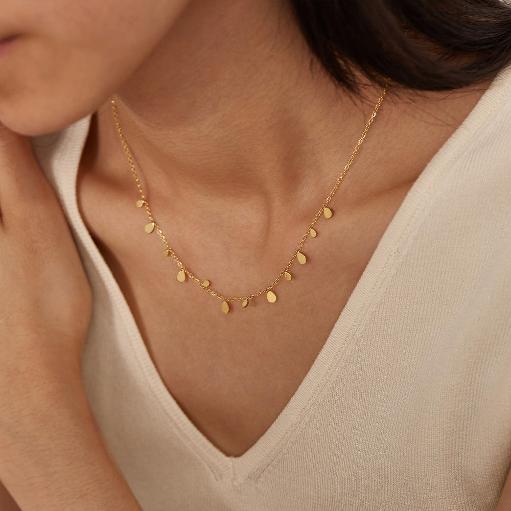 Close-up of Orek Ivya Liquid Drop Necklace, showing anti-tarnish gold plated finish
