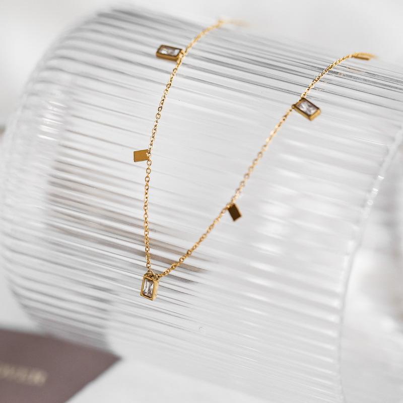 Orek Arelia Square Poise Necklace detail view, anti-tarnish gold plated