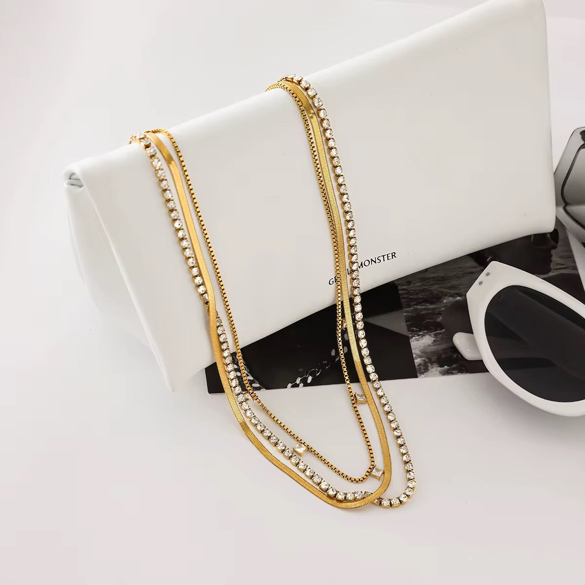 Front view of Orek Elia Square Layers Necklace