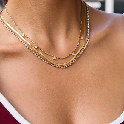 Close-up of Orek Elia Square Layers Necklace showing layered chain design