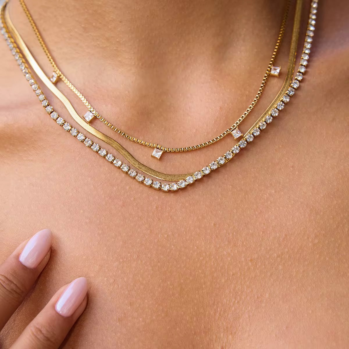 Model wearing Orek Elia Square Layers Necklace