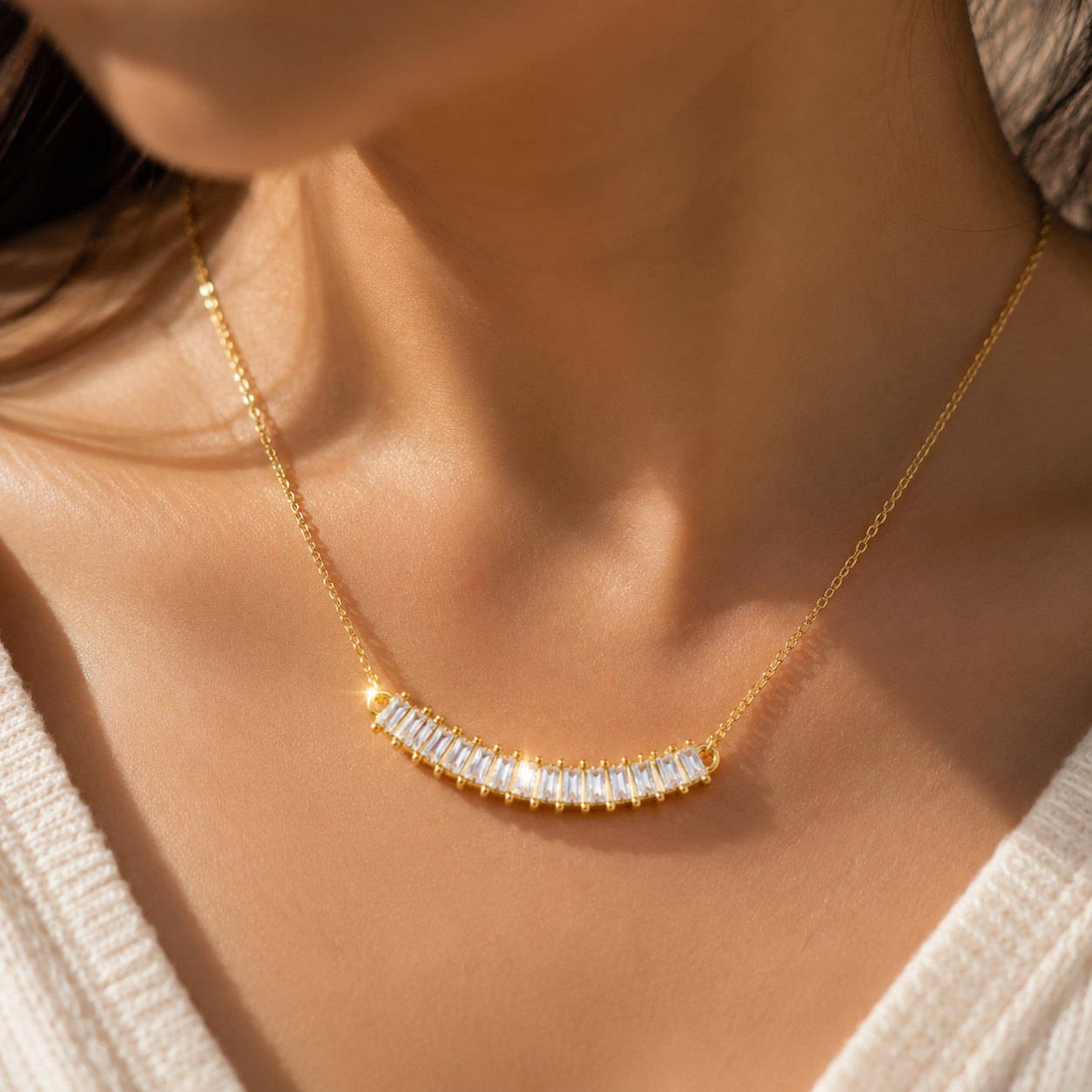 Close-up of Orek Evara Pure Light Necklace with premium platinum-plated finish
