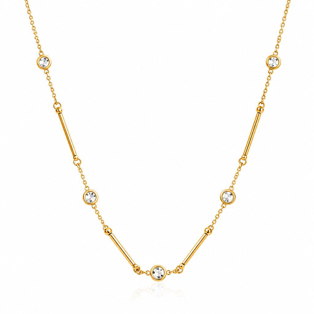 Orek Ira Linear Charm Necklace — alternate angle, anti-tarnish gold plated