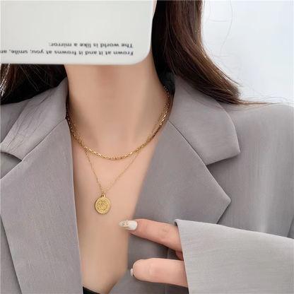 Detailed view of Orek Layered Gold Coin Pendant Necklace showing premium 2.5 micron gold plating