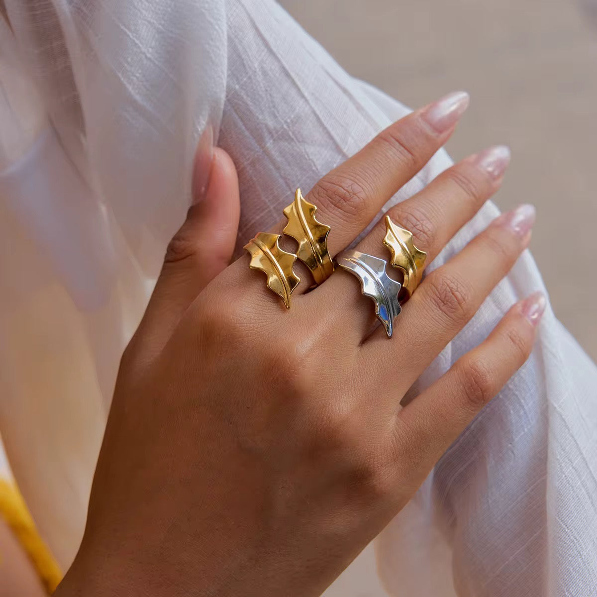 Model wearing Orek Leaf Accent Ring