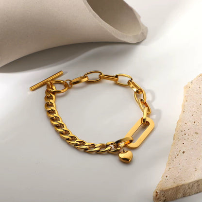 Close-up of Orek Luna Heart Link Bracelet, showing anti-tarnish gold plated finish