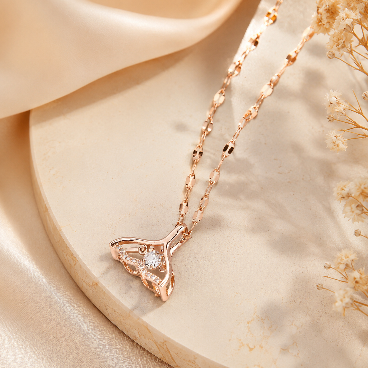 Close-up of Orek Luna Tidal Muse Necklace showing heart pendant and premium rose gold finish