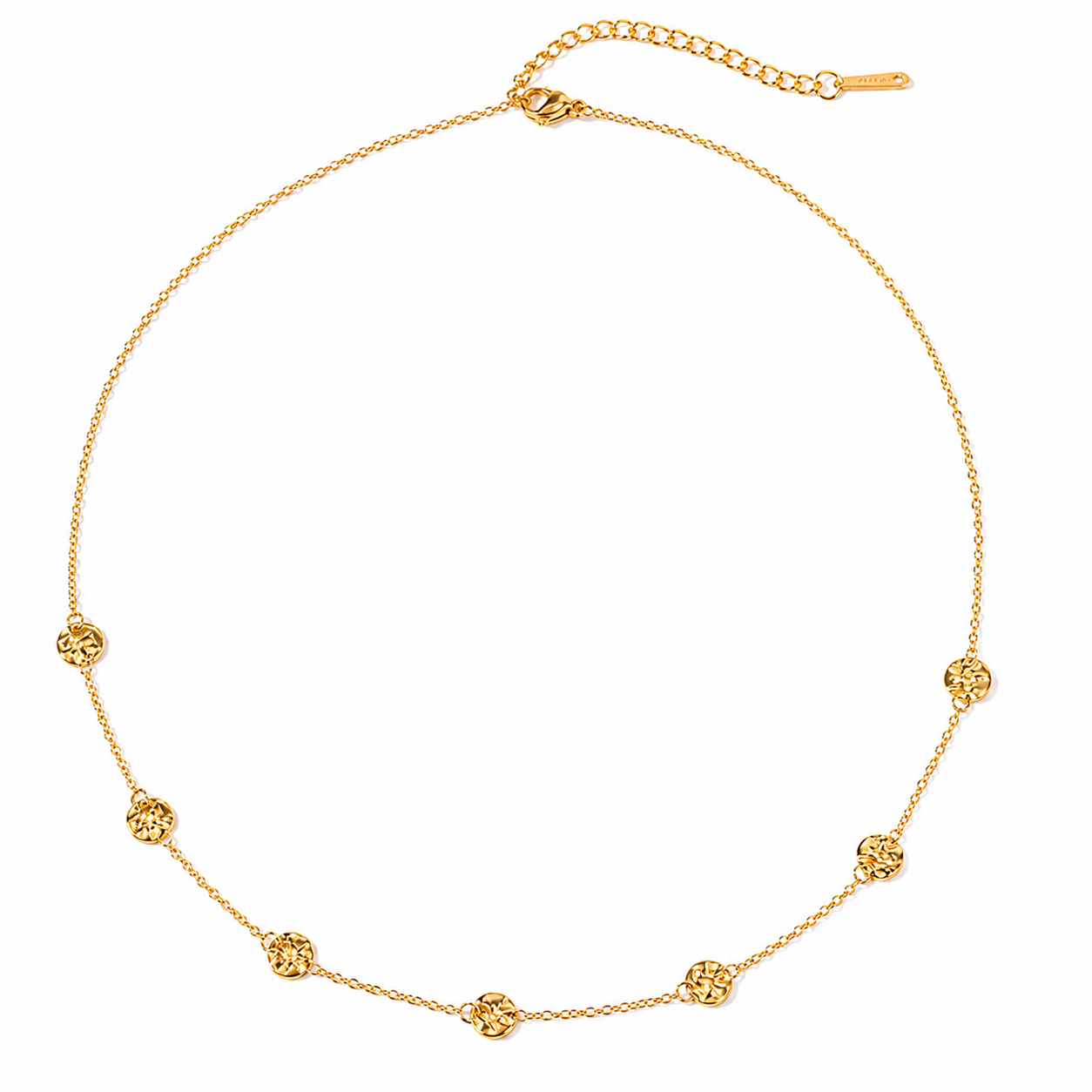 Orek Oria Hammered Dots Necklace featuring a waterproof anti-tarnish gold chain with elegant hammered dot detailing crafted from hypoallergenic stainless steel.