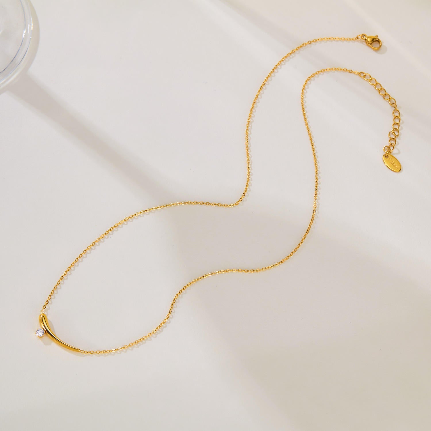 Orek Solyn Crescent Grace Necklace detail view, anti-tarnish gold plated