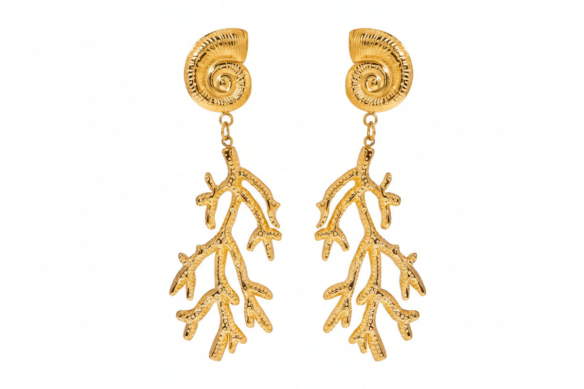 Orek Sora Coral Muse Dangler waterproof gold dangle earrings for women with coral-inspired design