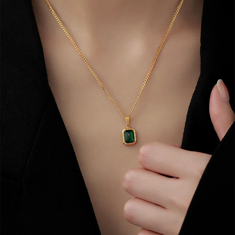 Detailed view of Orek Veya Emerald Poise Necklace with premium 2.5 micron gold plating