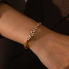 Close-up of Orek Veya Pave Aura Bracelet, showing anti-tarnish gold plated finish