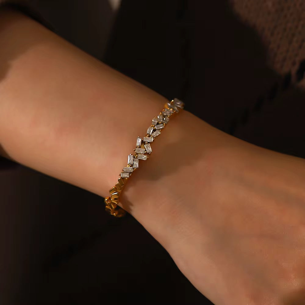 Close-up of Orek Veya Pave Aura Bracelet, showing anti-tarnish gold plated finish