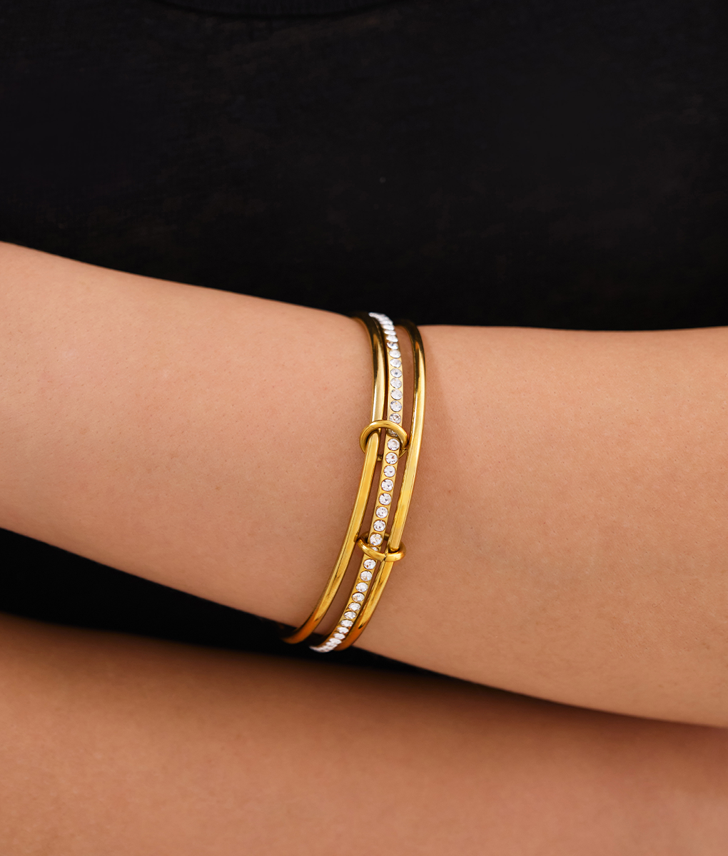 Detailed view of Orek Veya Trio Poise Bangle with waterproof anti-tarnish gold finish