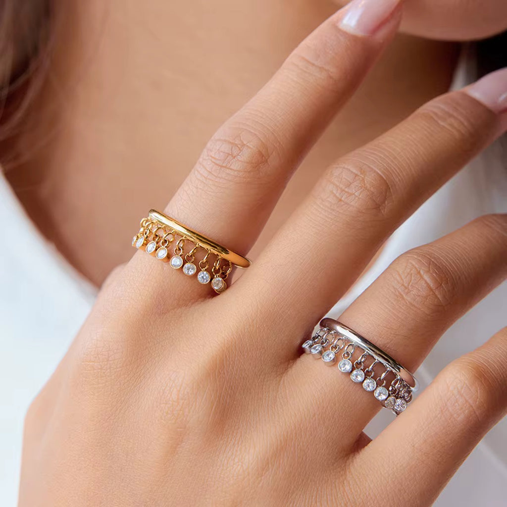 Orek Zircon Tassel Charm Ring styled on hand
