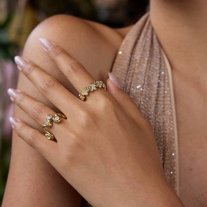 Orek Ziva Curve Stack Ring stacked with minimalist rings